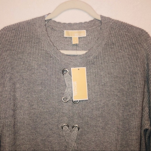 NWT Michael Kors Gray Lace Up Front Knit Sweater Size Medium - Picture 10 of 12